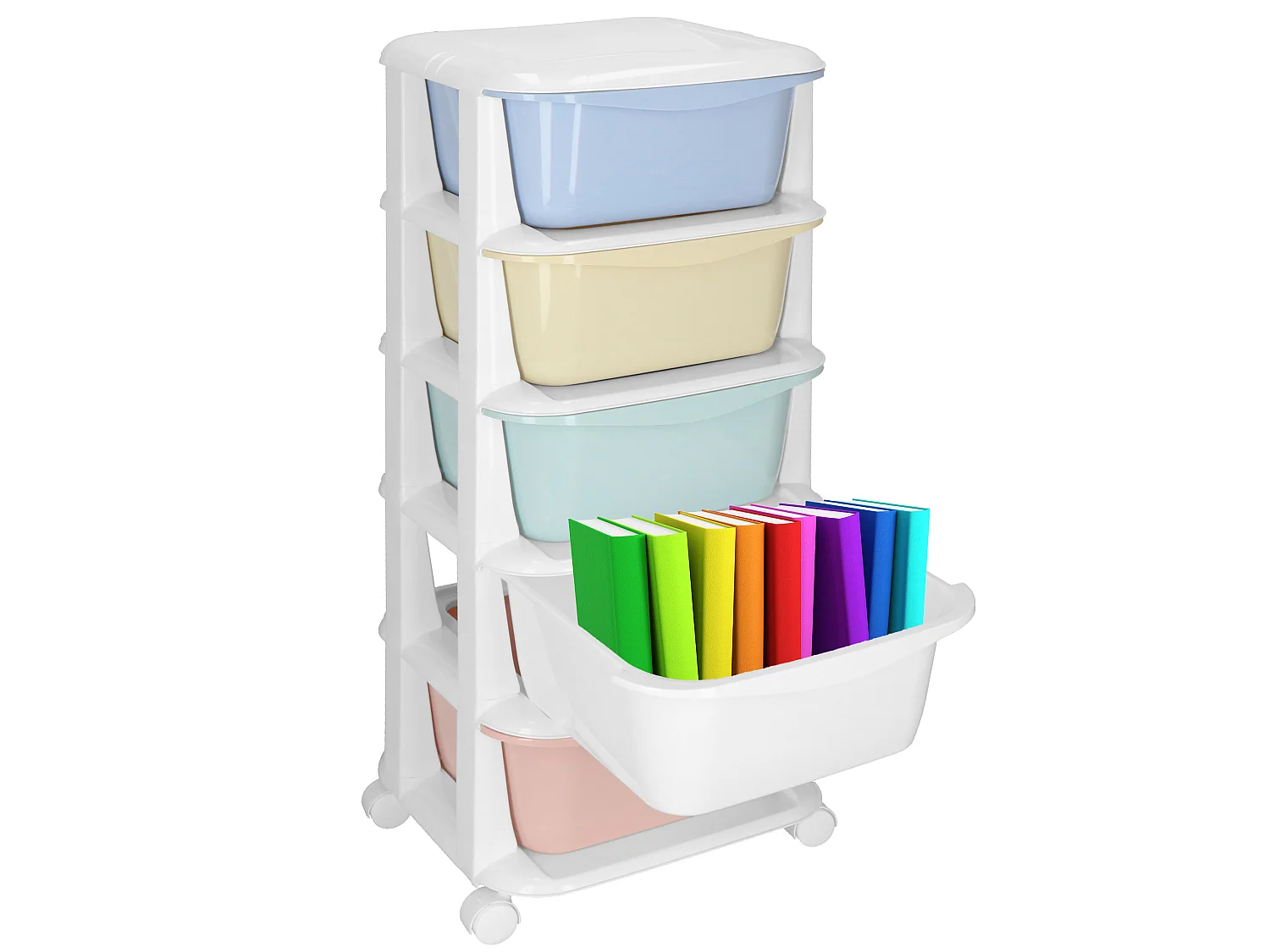 Étagère mobile à 5 tiroirs – meuble à roulettes pour jouets, couleurs pastel