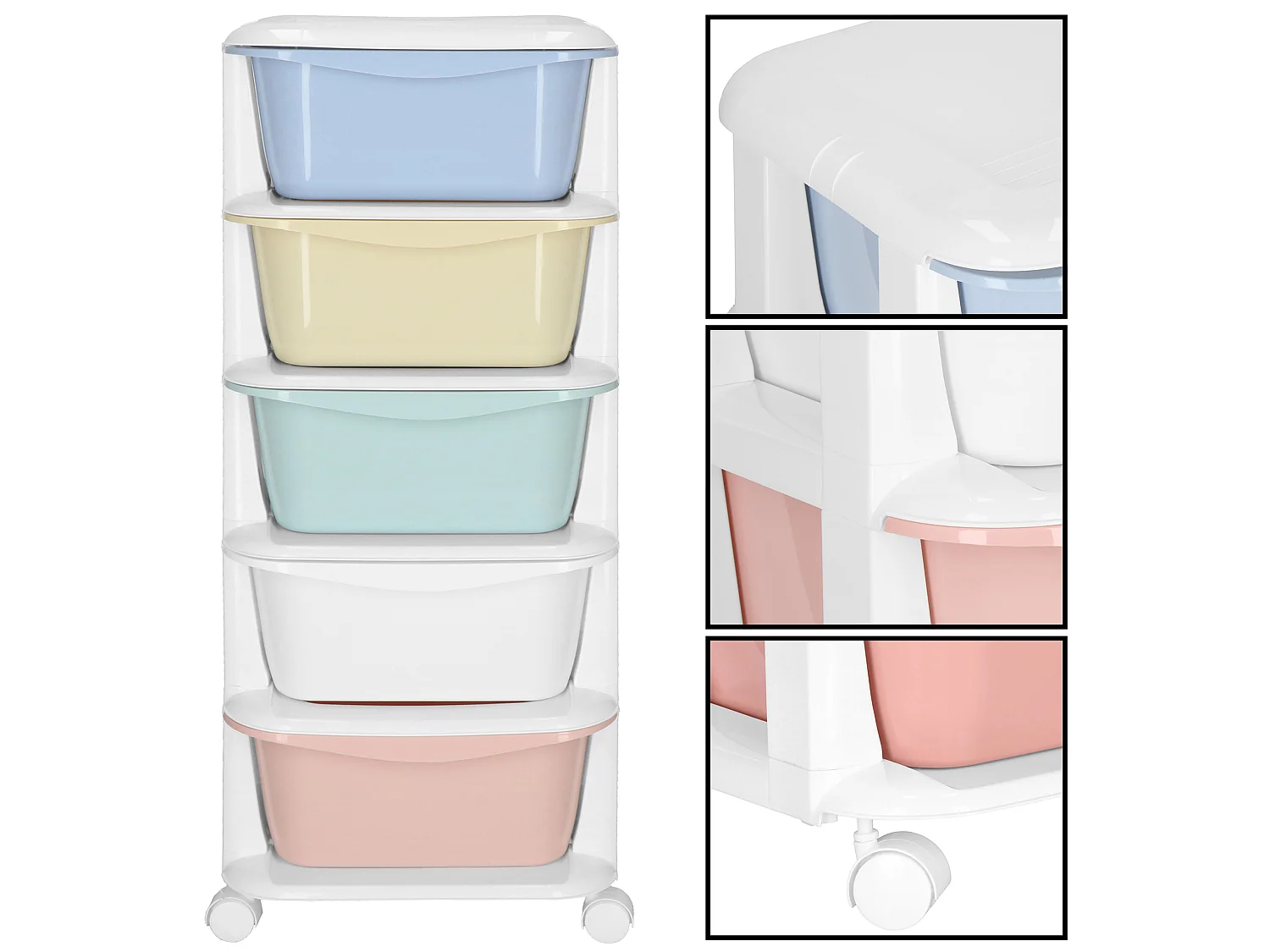 Étagère mobile à 5 tiroirs – meuble à roulettes pour jouets, couleurs pastel