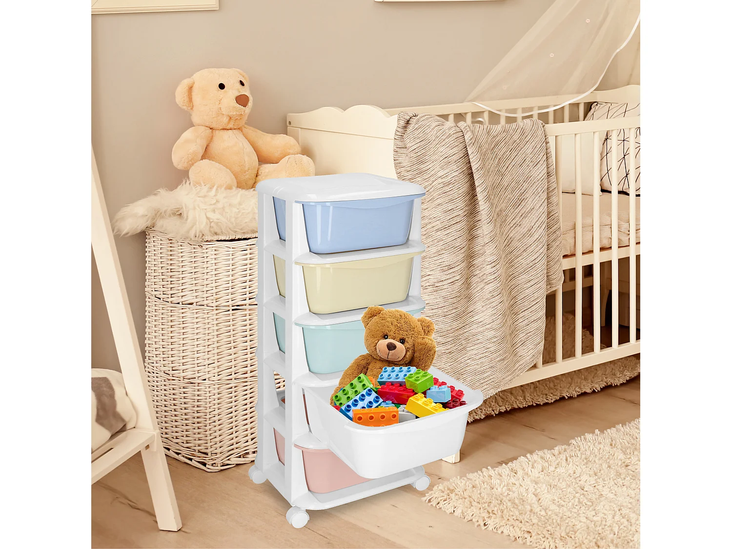 Étagère mobile à 5 tiroirs – meuble à roulettes pour jouets, couleurs pastel
