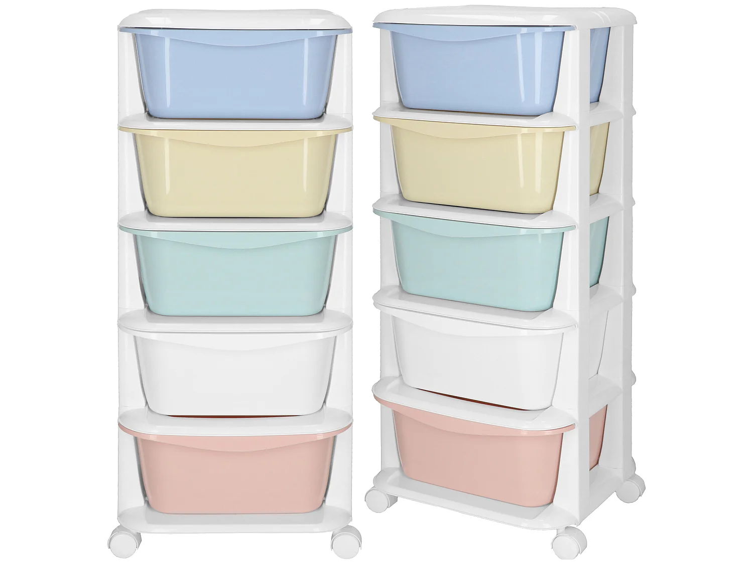 Étagère mobile à 5 tiroirs – meuble à roulettes pour jouets, couleurs pastel