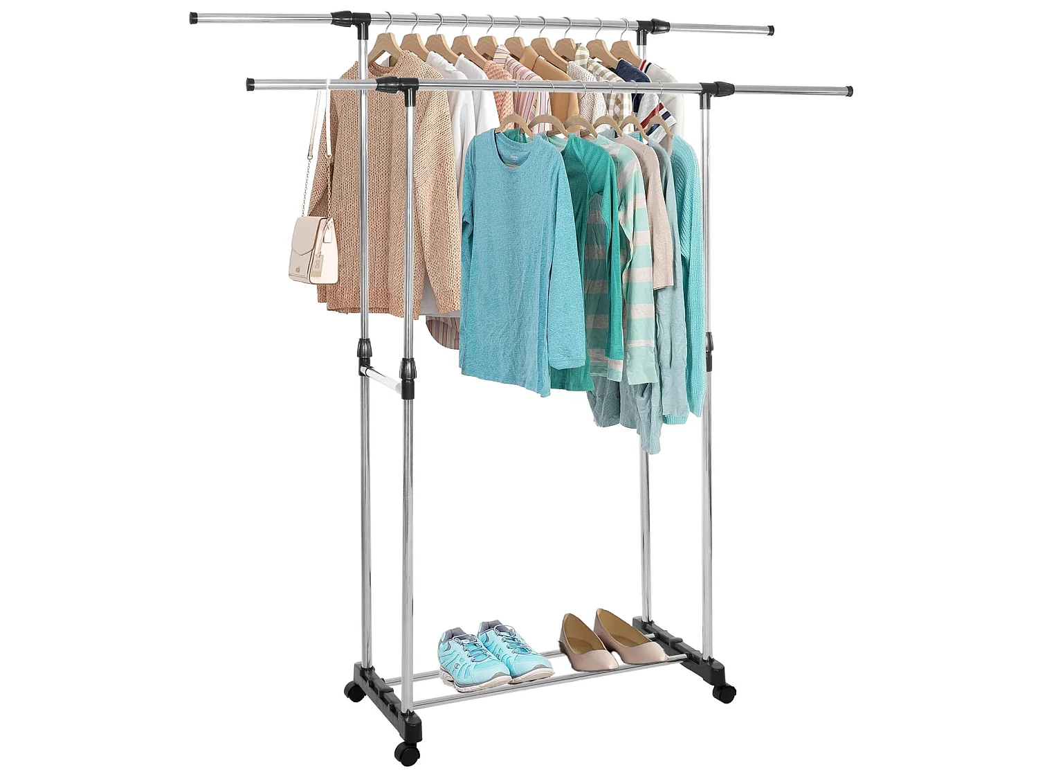 Appendiabiti con 2 barre e ripiano, con ruote, 90-155 cm