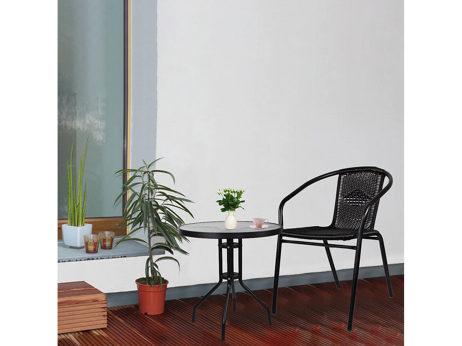 Table ronde en métal avec plateau en verre pour balcon et jardin