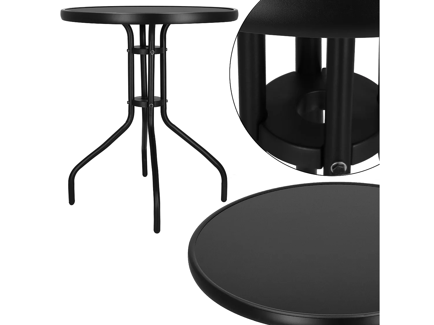 Table en métal avec plateau en verre, forme ronde, 60 x 70 cm