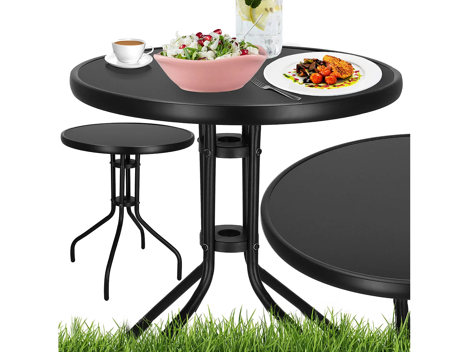 Table en métal avec plateau en verre, forme ronde, 60 x 70 cm
