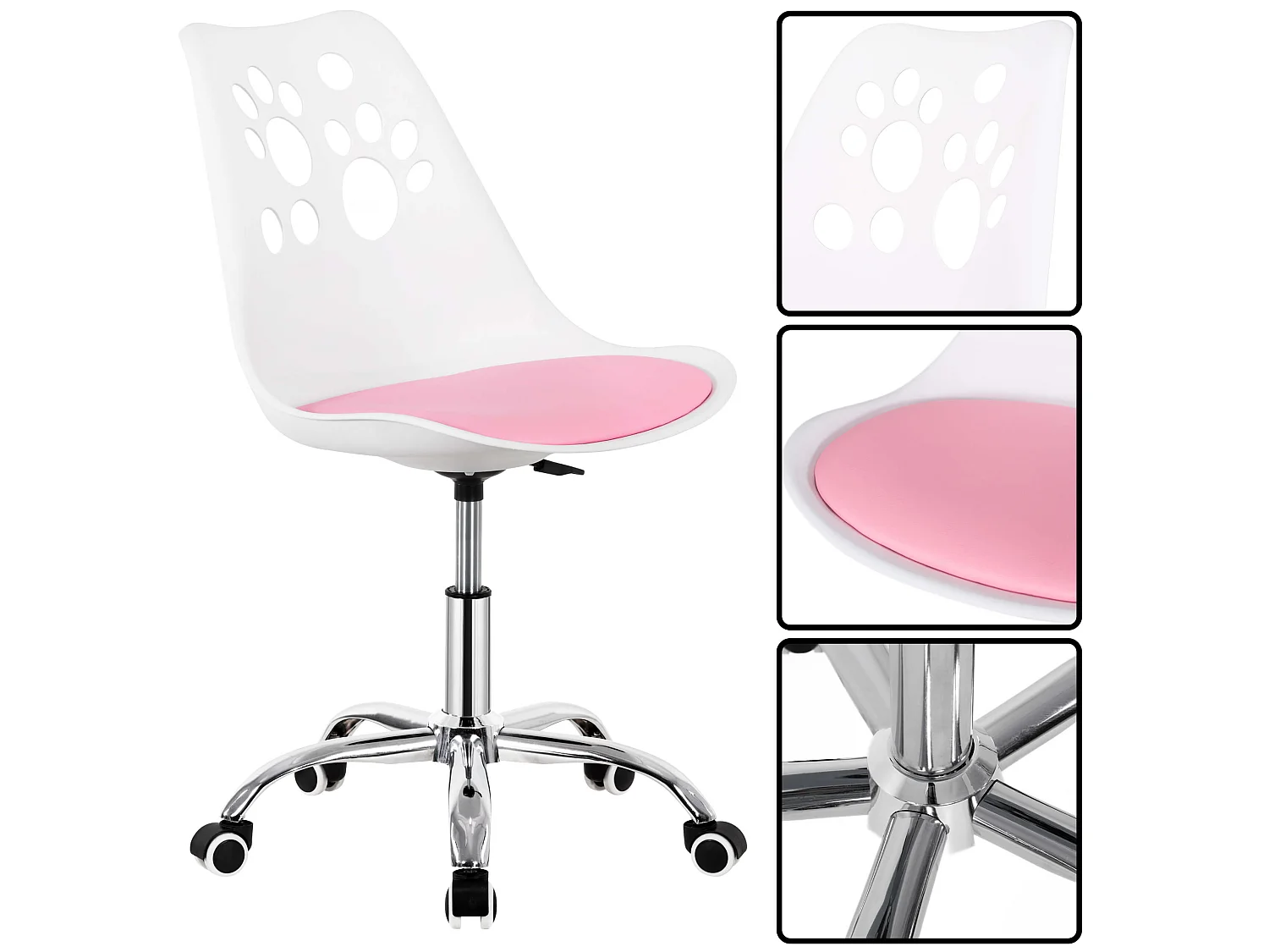 Chaise de bureau pour enfant – chaise de bureau pivotante avec réglage en hauteur, blanc-rose