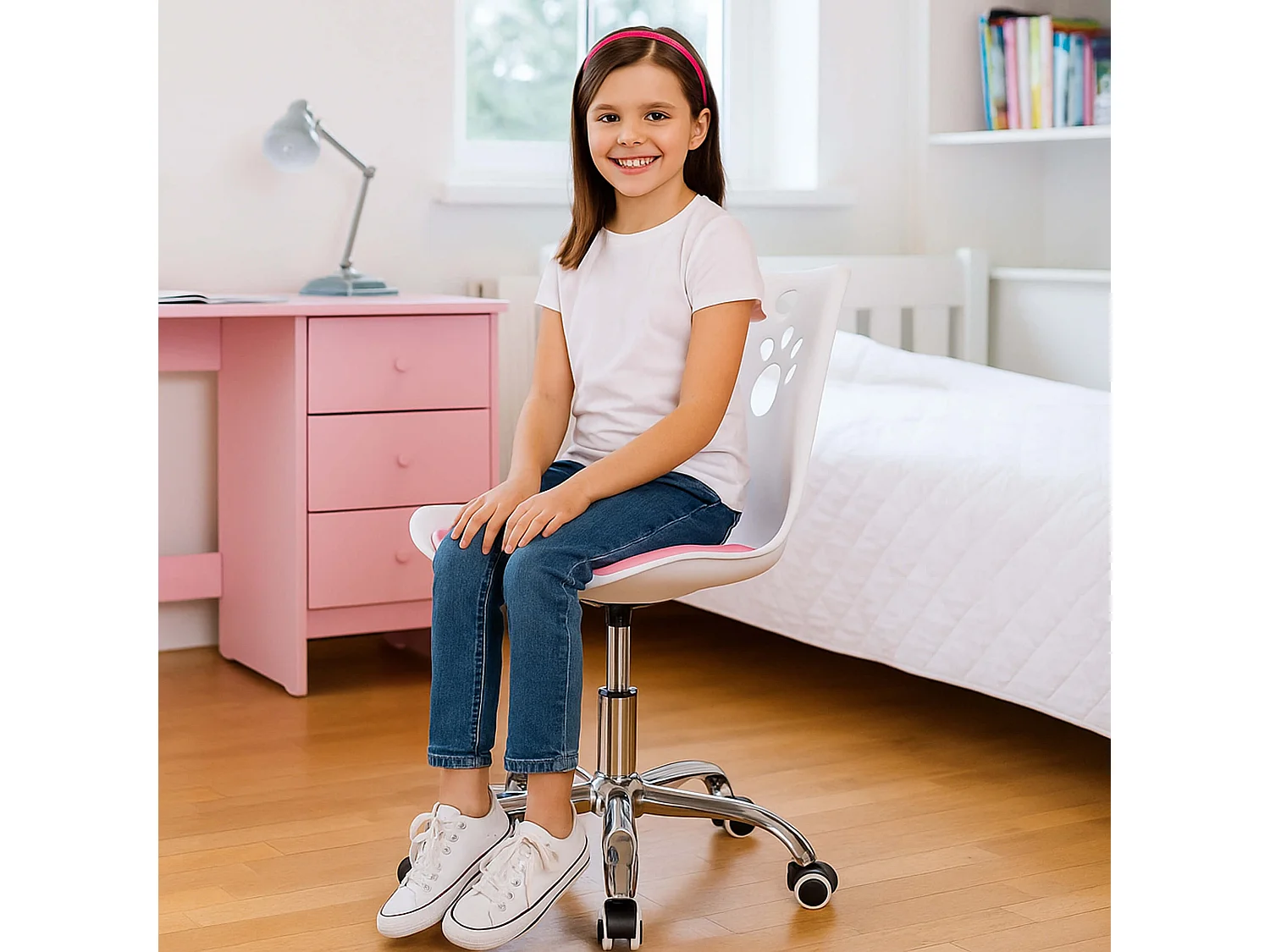 Chaise de bureau pour enfant – chaise de bureau pivotante avec réglage en hauteur, blanc-rose