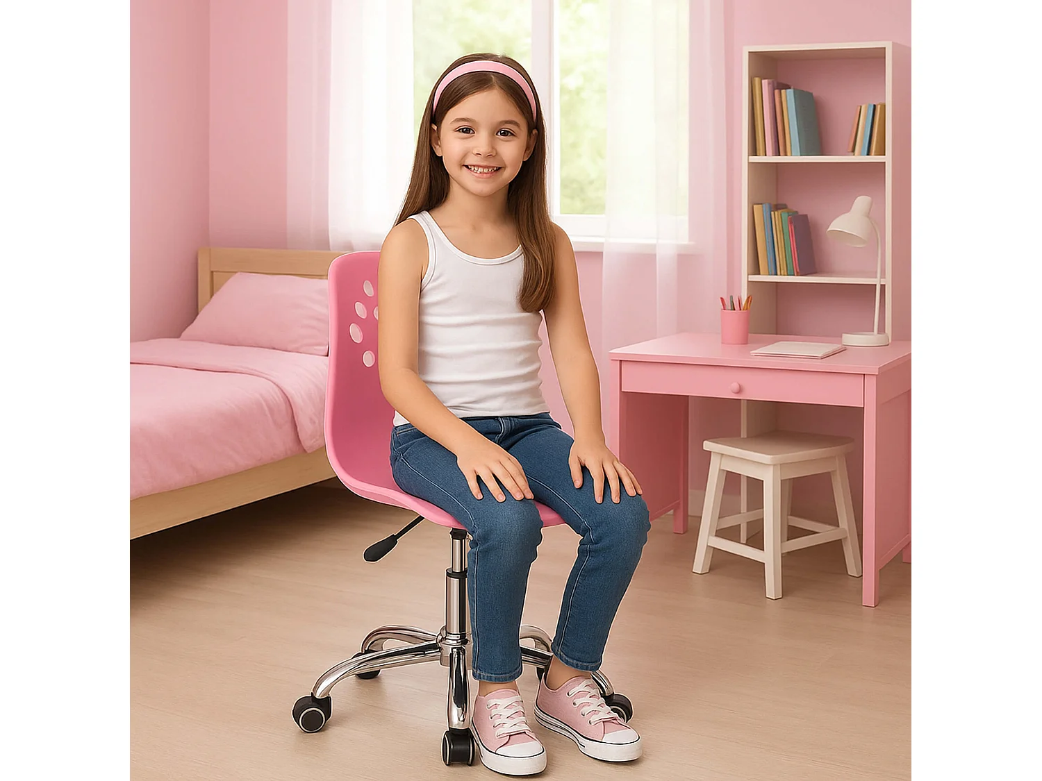 Chaise de bureau pour enfant – chaise de bureau pivotante avec réglage en hauteur, rose
