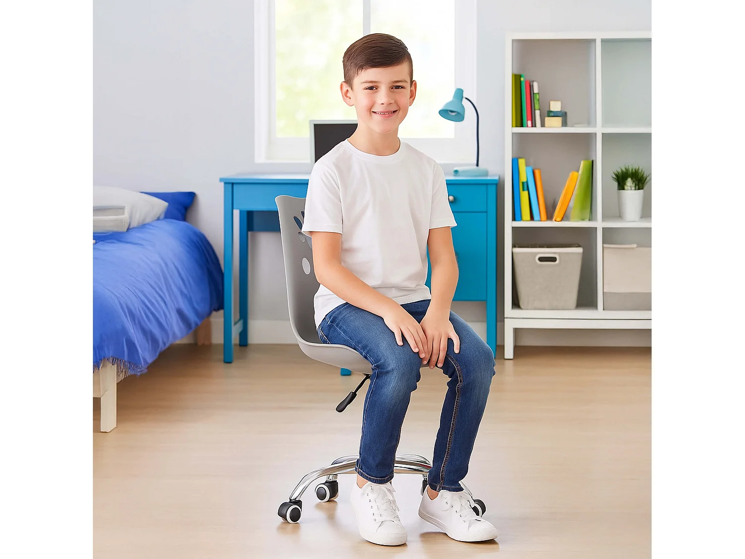 Chaise de bureau pivotante pour enfant, réglable en hauteur, grise