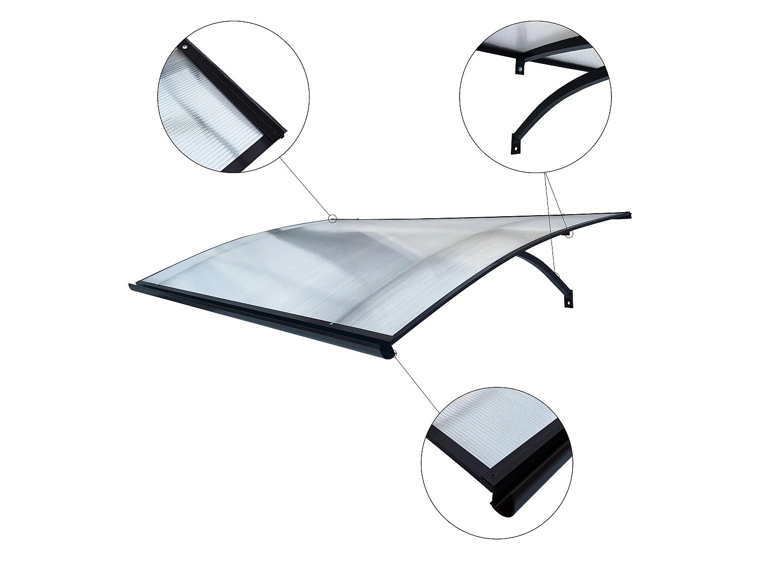 Auvent de porte aluminium STARKEDACH L-160 – cintré, 160 x 100 cm, cadre gris anthracite RAL 7016, toit transparent