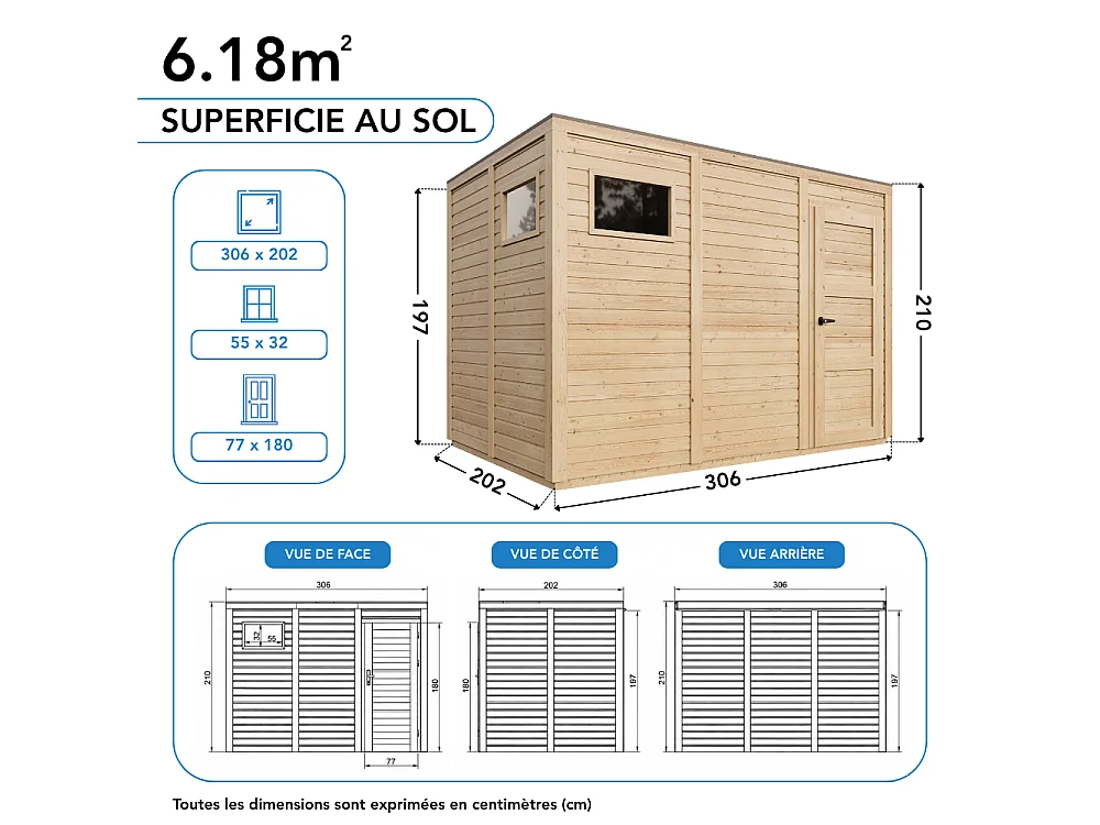 Wooden Garden Shed with Floor - 6.18 m² / 202x306xH216 cm - M326F2+M326G