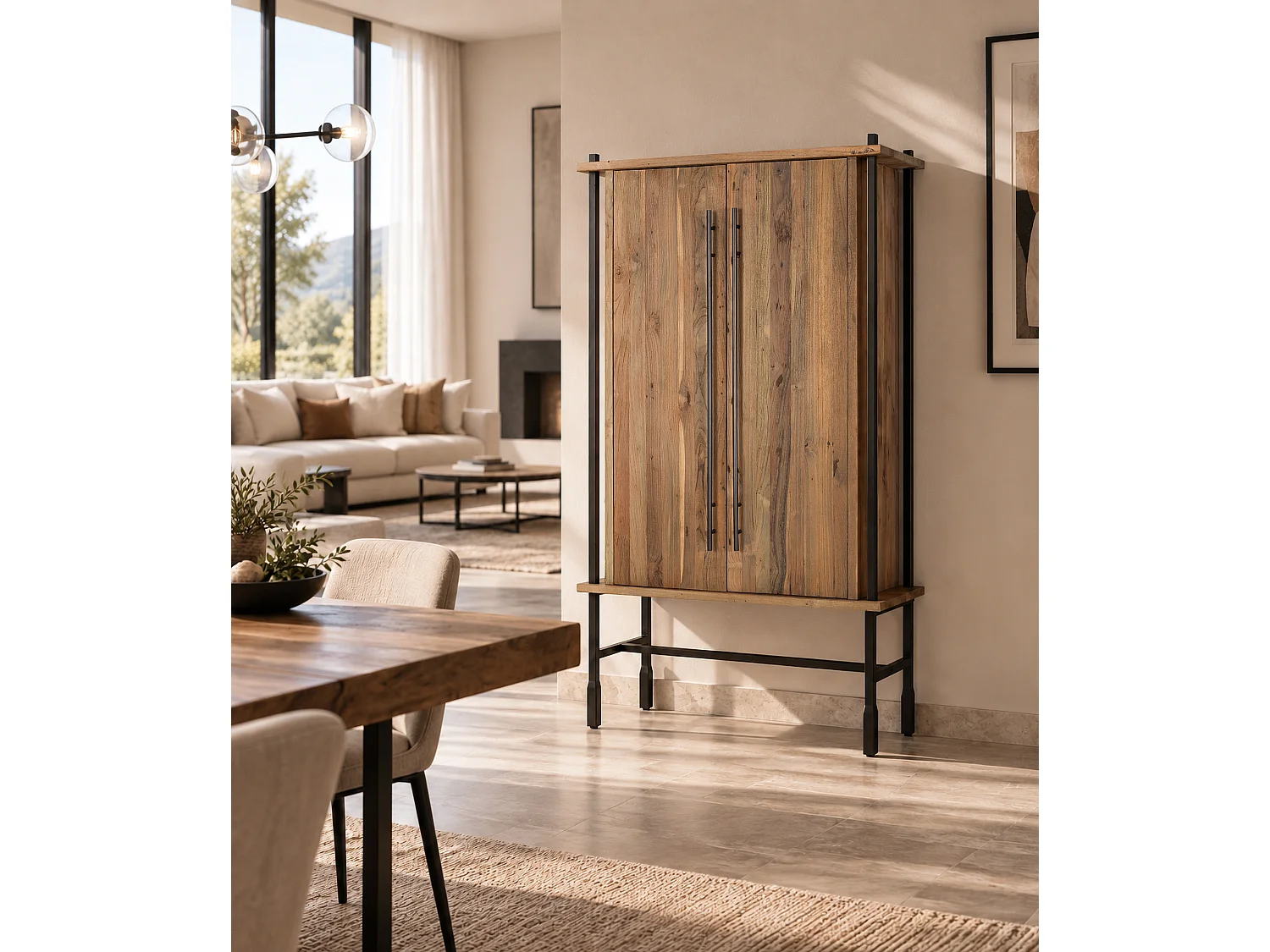 Teakhouten barkast 169 cm, rustieke industriële stijl