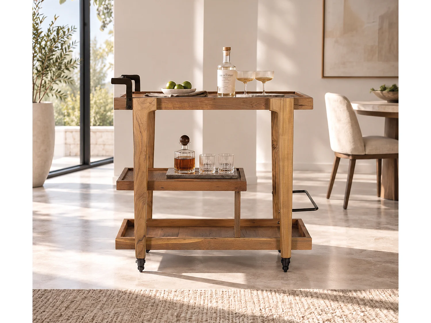 Teakhouten barkast van 85 cm met wielen, moderne stijl