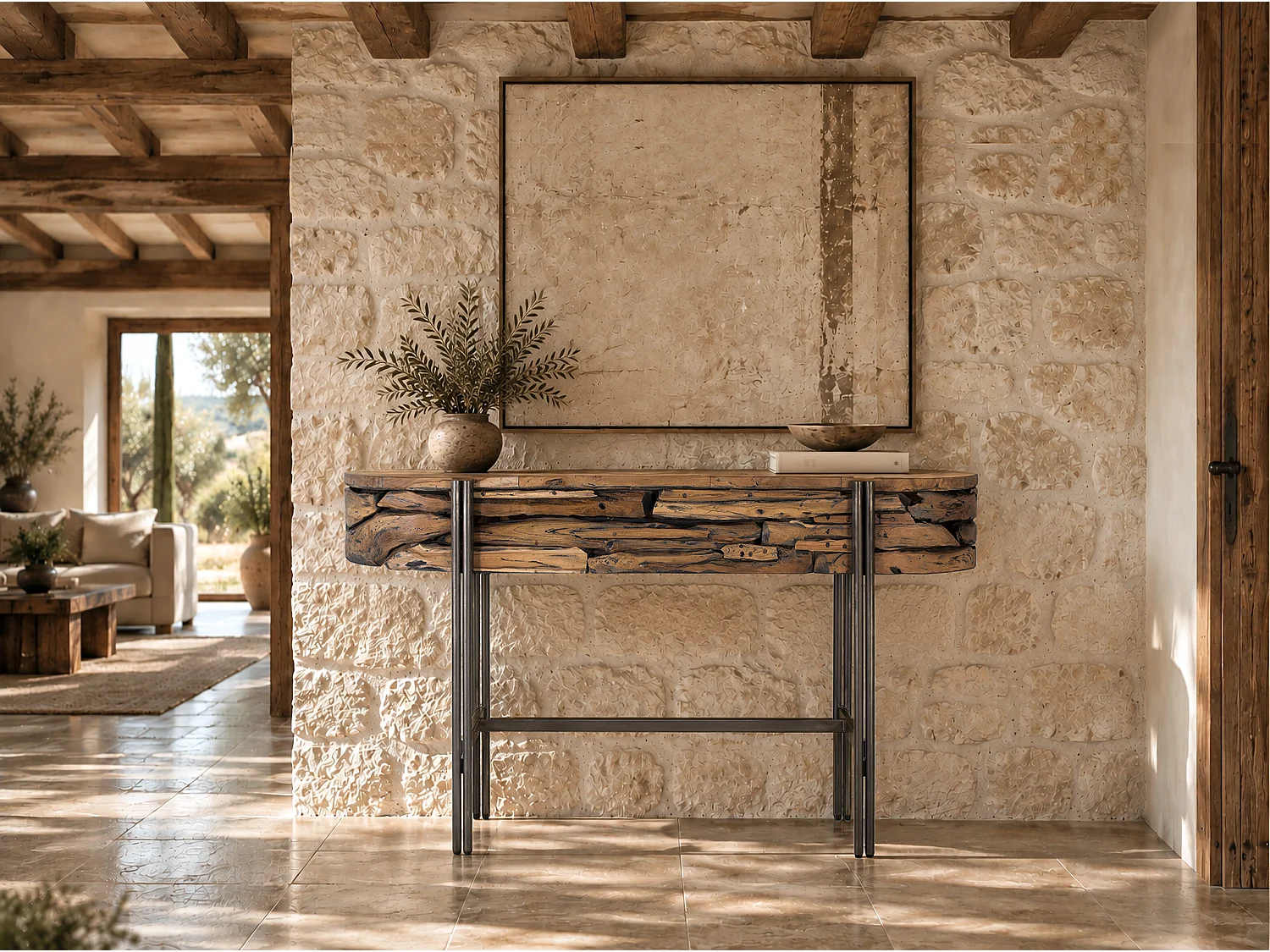 Console en Bois de Teck 140 cm Style Rustique Chic Industriel
