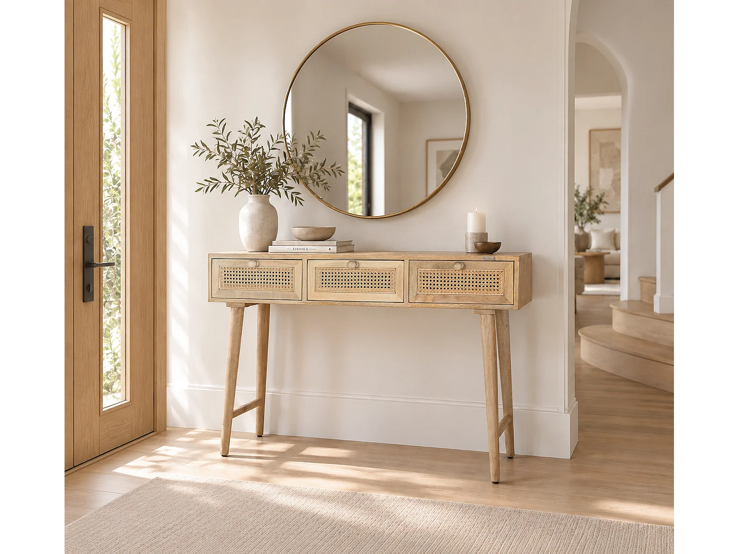 Console en Bois de Manguier et Rotin 120 cm Style Japandi Scandinave