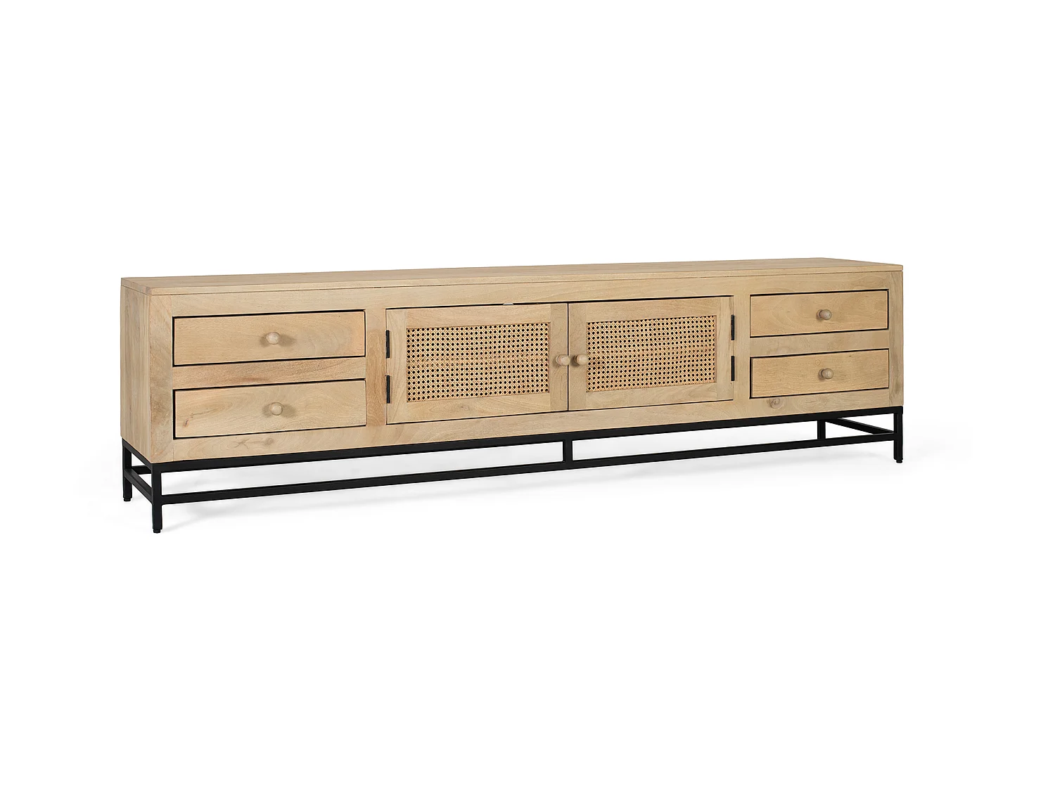 TV-Schrank aus Mangoholz und Rattan, 210 cm, nordischer Japandi-Stil