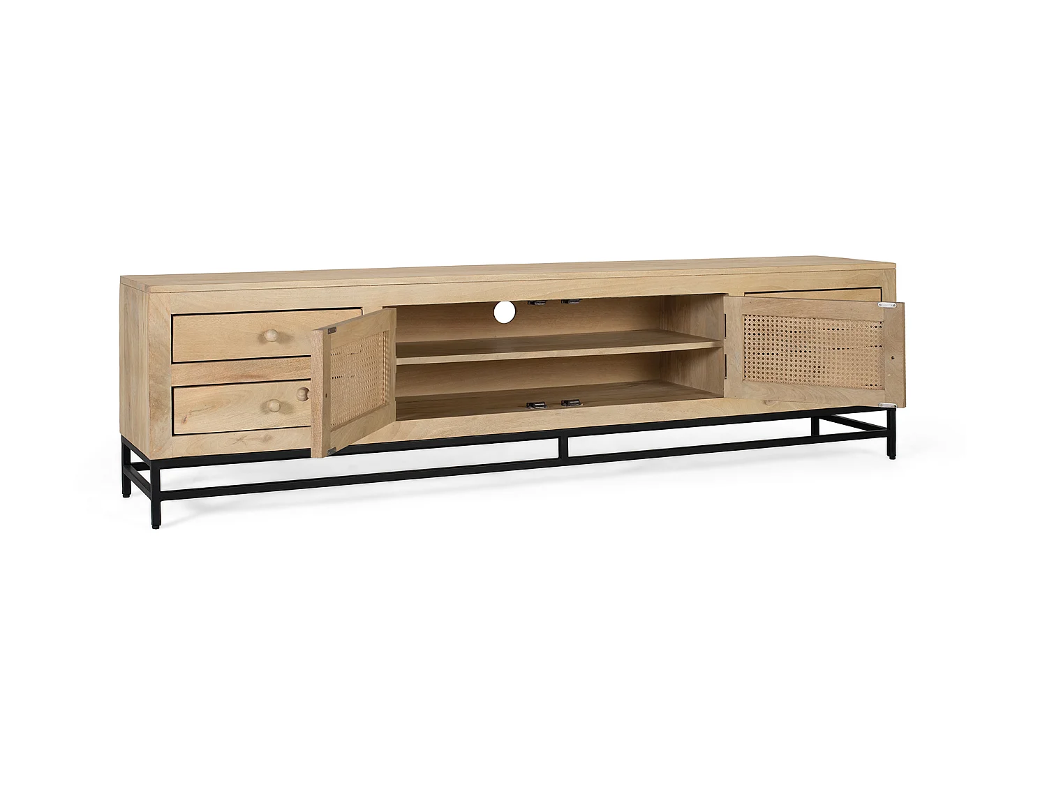 TV-Schrank aus Mangoholz und Rattan, 210 cm, nordischer Japandi-Stil