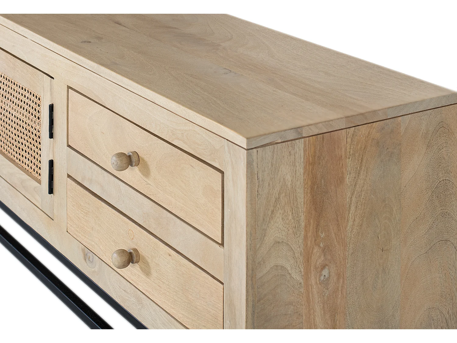 TV-Schrank aus Mangoholz und Rattan, 210 cm, nordischer Japandi-Stil