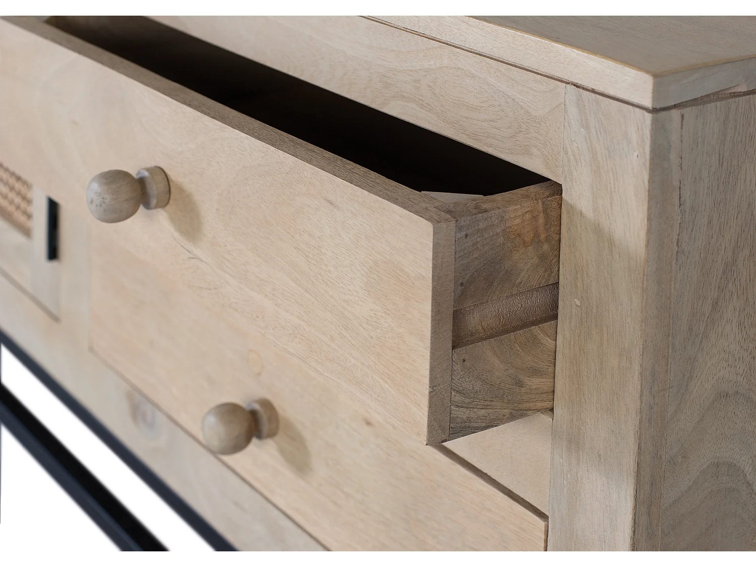 TV-Schrank aus Mangoholz und Rattan, 210 cm, nordischer Japandi-Stil