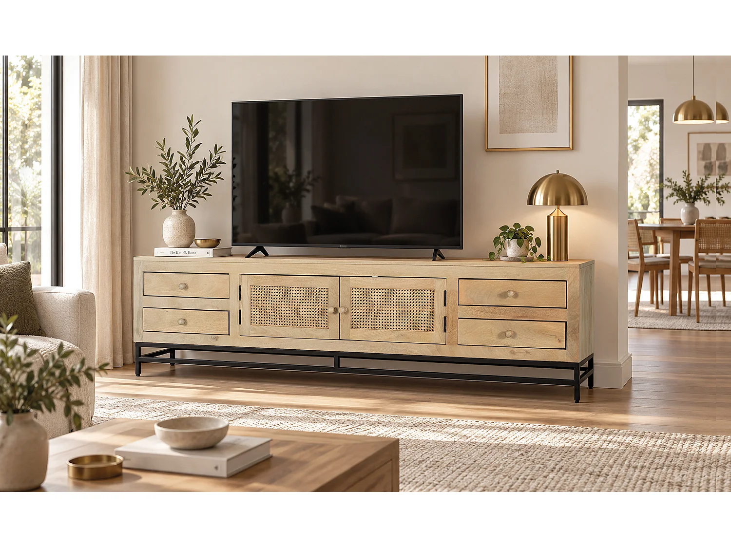 TV-Schrank aus Mangoholz und Rattan, 210 cm, nordischer Japandi-Stil