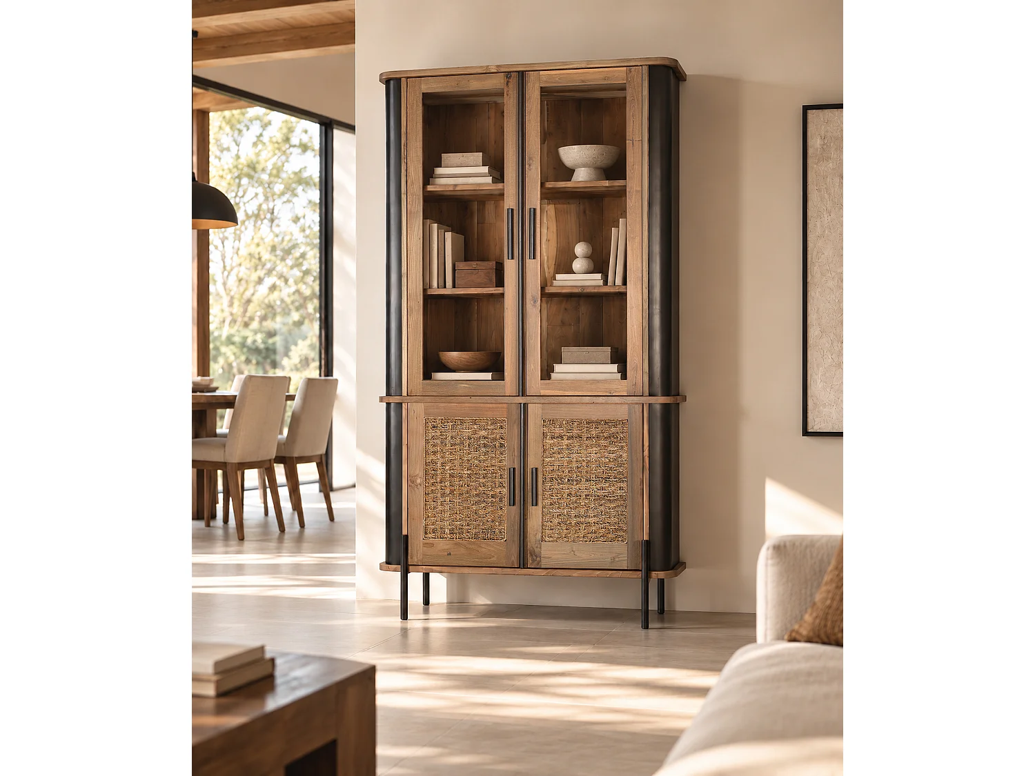 Vitrine aus Teakholz, 120 cm, rustikal-eleganter Industriestil
