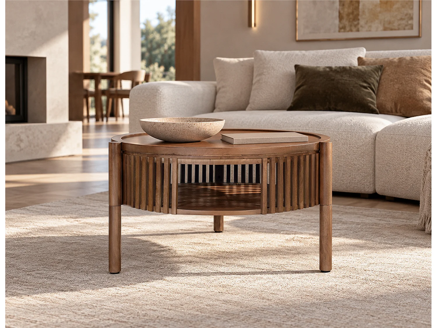Mesa de centro em madeira de mangueira, 80 cm, estilo contemporâneo.