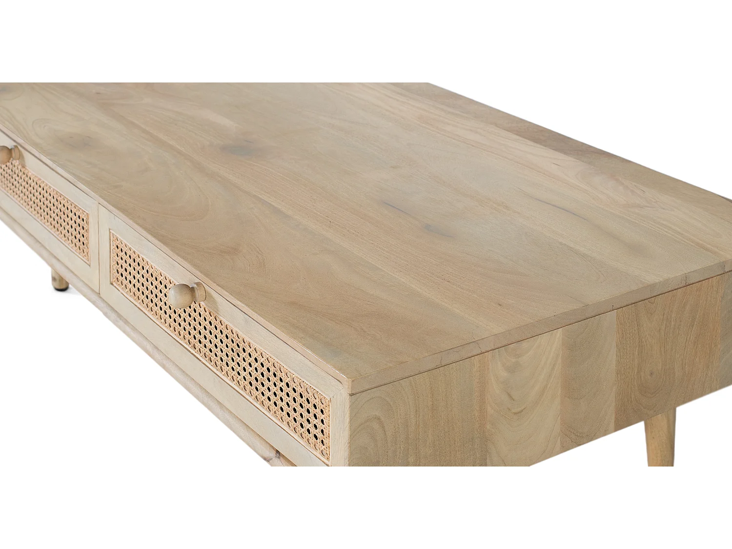 Couchtisch aus Mangoholz und Rattan, 120 cm, nordischer Japandi-Stil