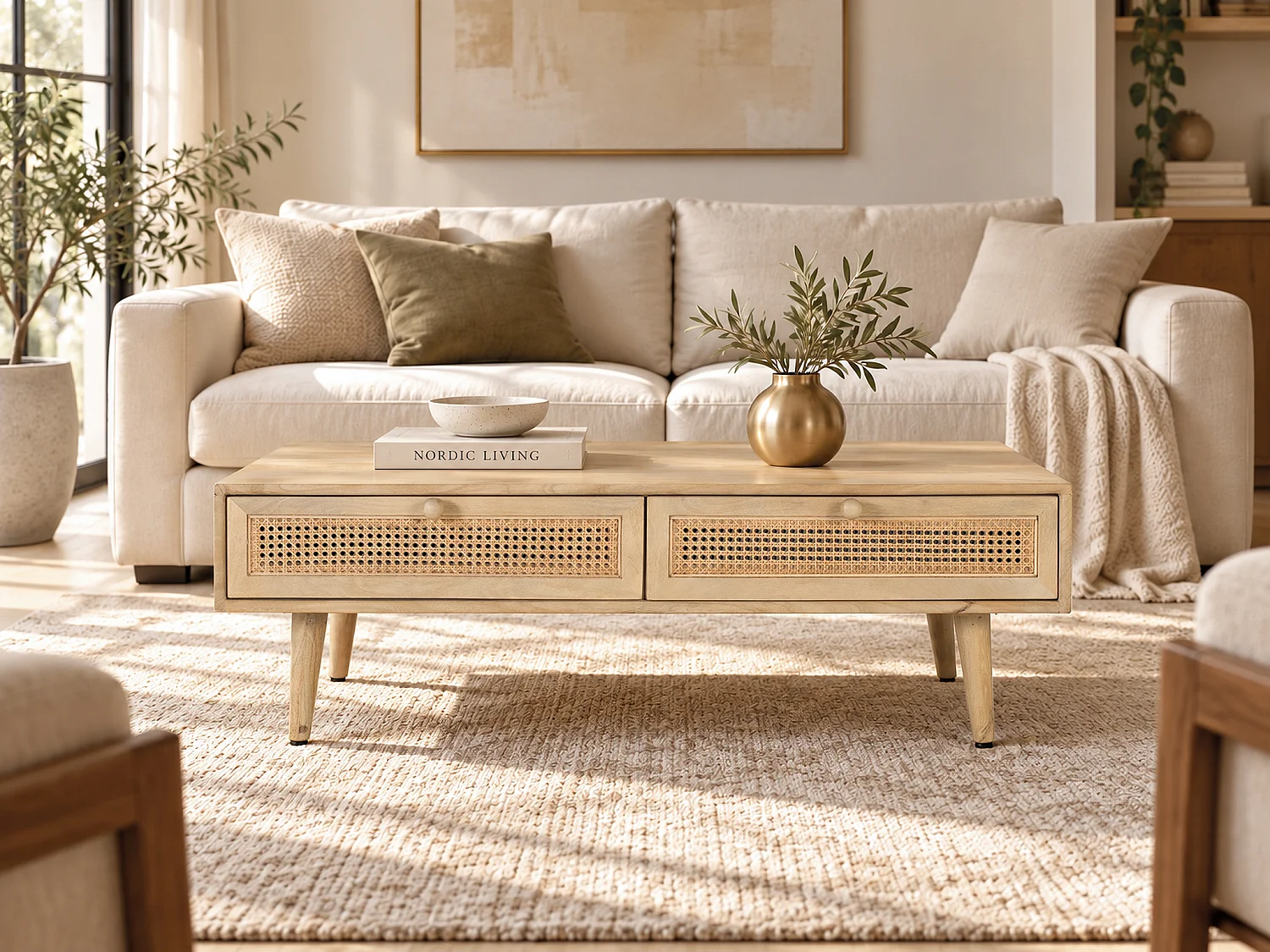 Couchtisch aus Mangoholz und Rattan, 120 cm, nordischer Japandi-Stil