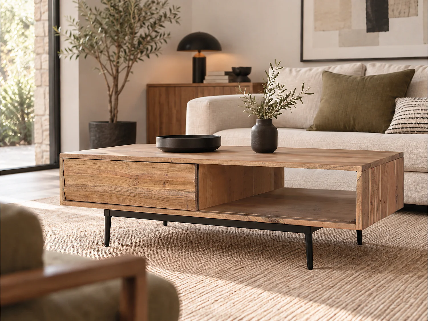 Couchtisch aus Akazienholz, 120 cm, rustikal-moderner Stil