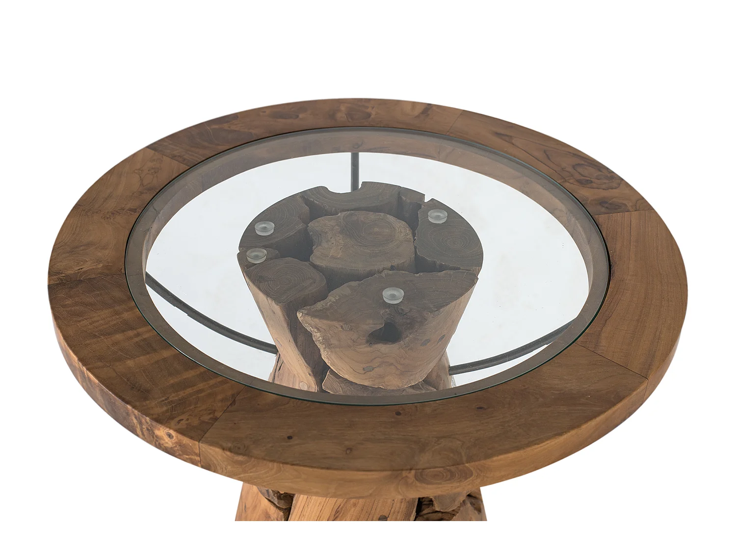 Mesa de centro em madeira de teca, 60 cm, estilo rústico industrial.