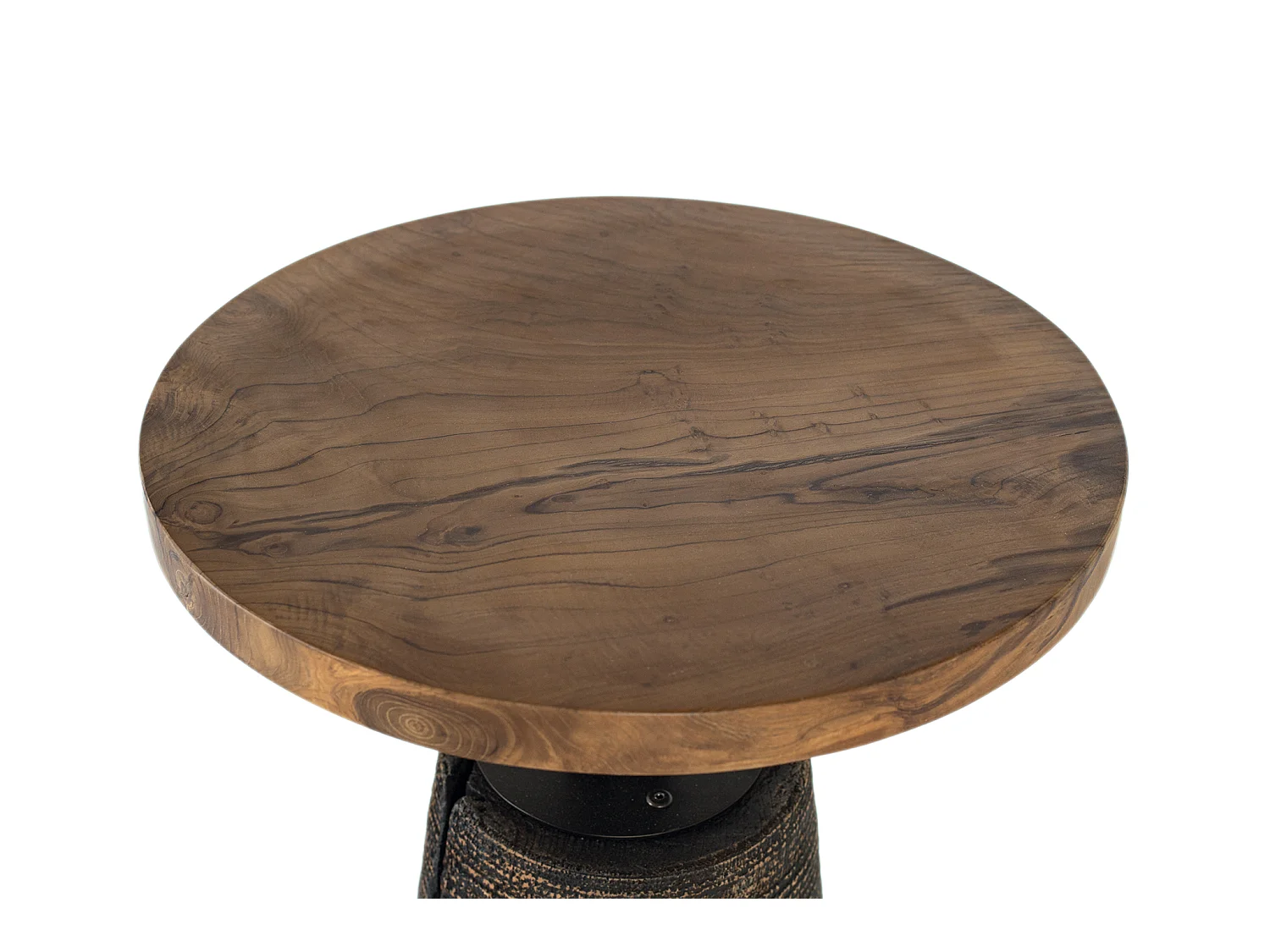 Mesa de centro em madeira de teca, 45 cm, estilo rústico industrial.