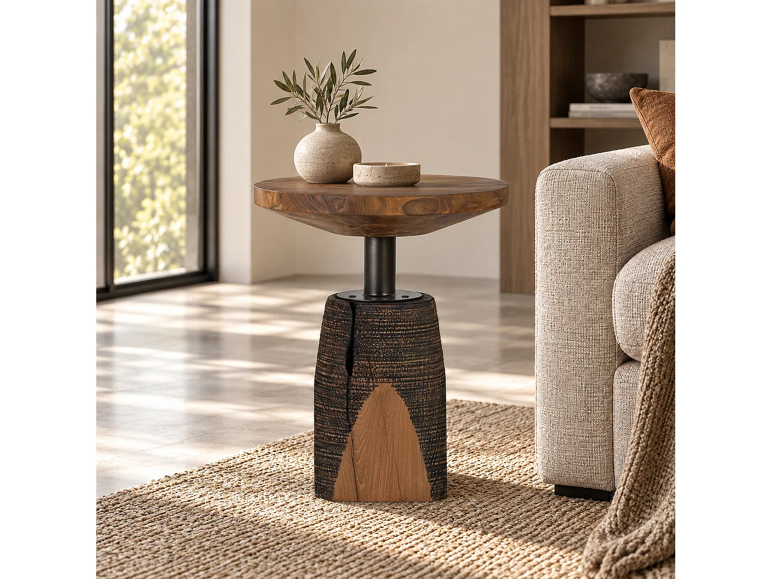 Mesa de centro em madeira de teca, 45 cm, estilo rústico industrial.