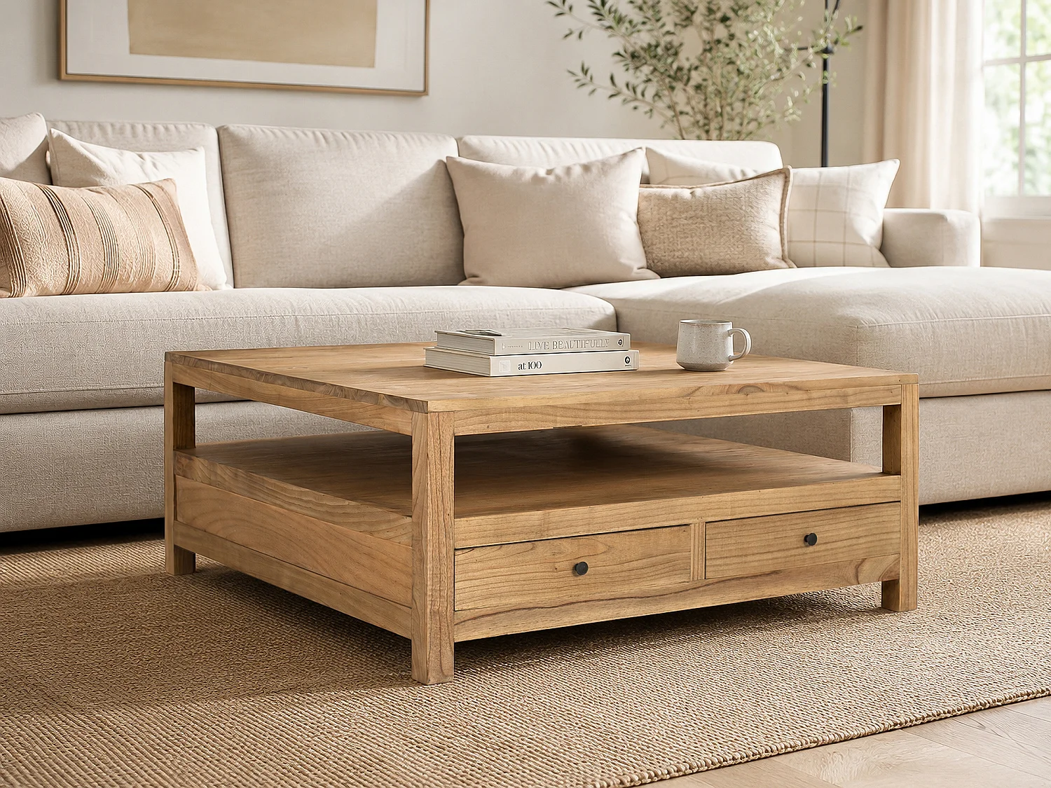 Quadratischer Couchtisch aus Mindi-Holz, 110 cm, moderner Landhausstil