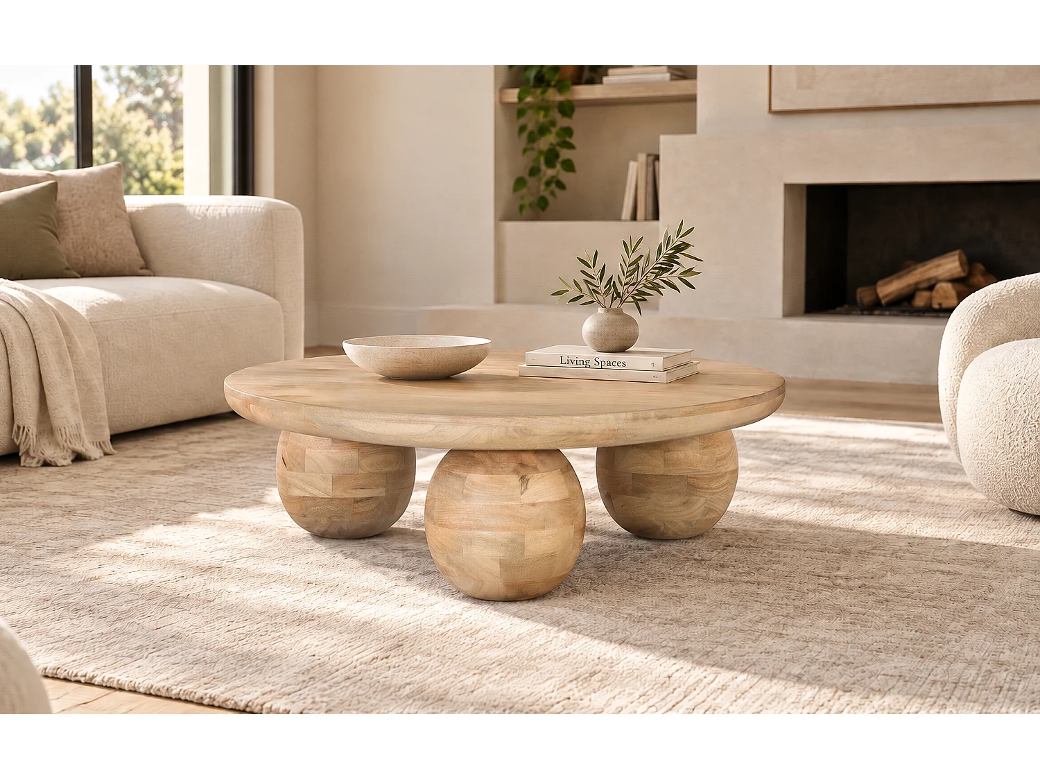 Table Basse Ronde en Bois de Manguier 90 cm Style Japandi Scandinave