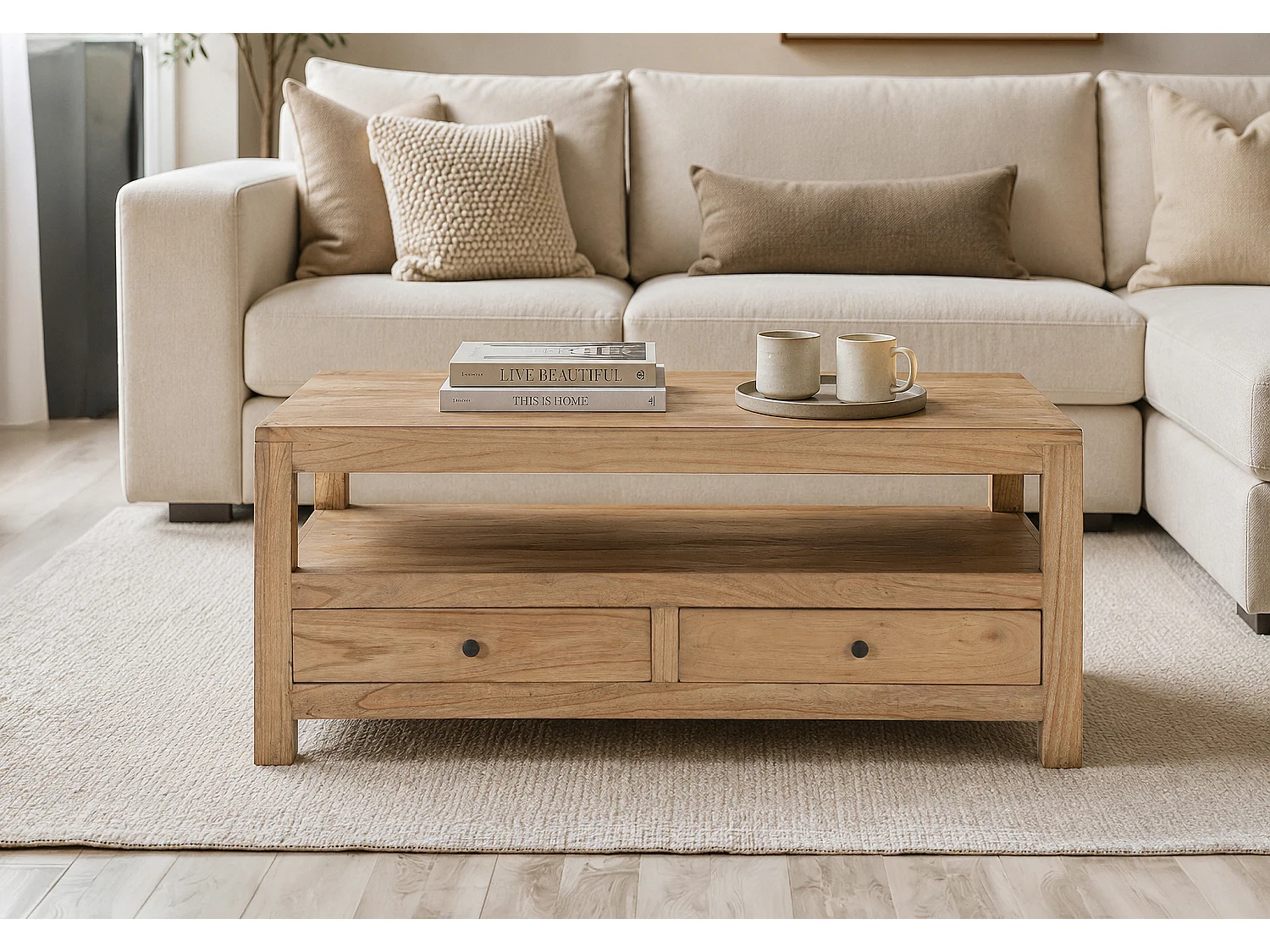 Rechteckiger Mindi-Couchtisch aus Holz, 110 cm, rustikal-moderner Stil
