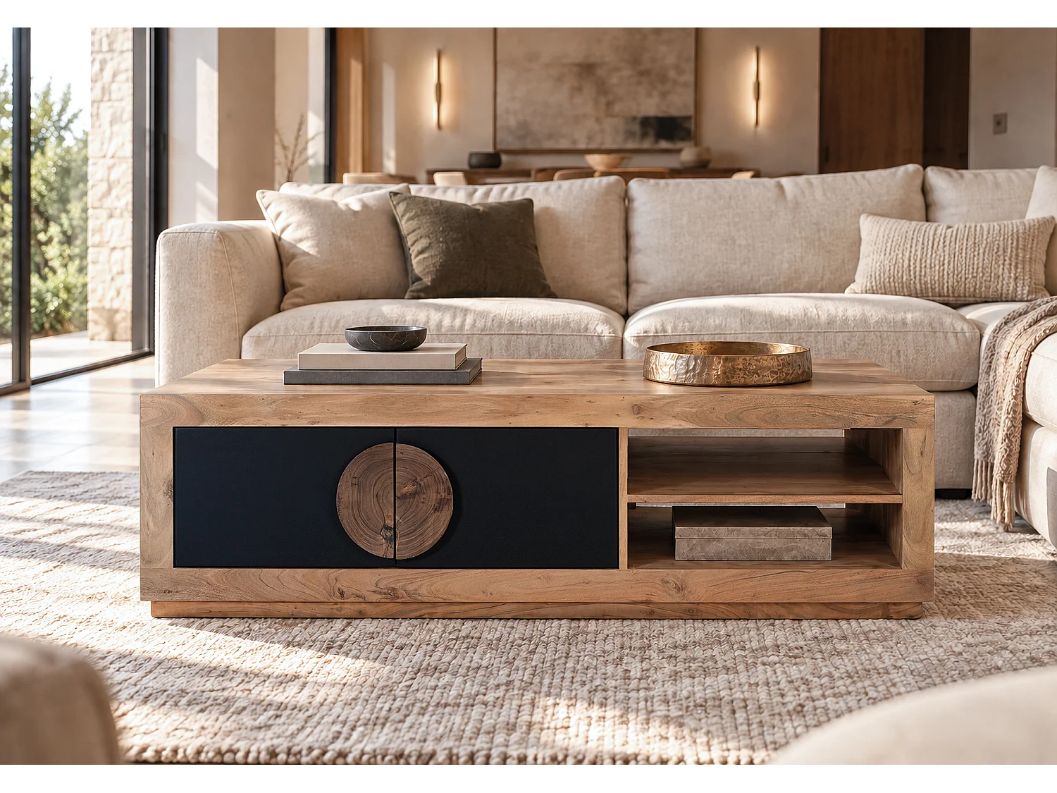 Couchtisch aus Akazienholz, 140 cm, rustikal-moderner Stil