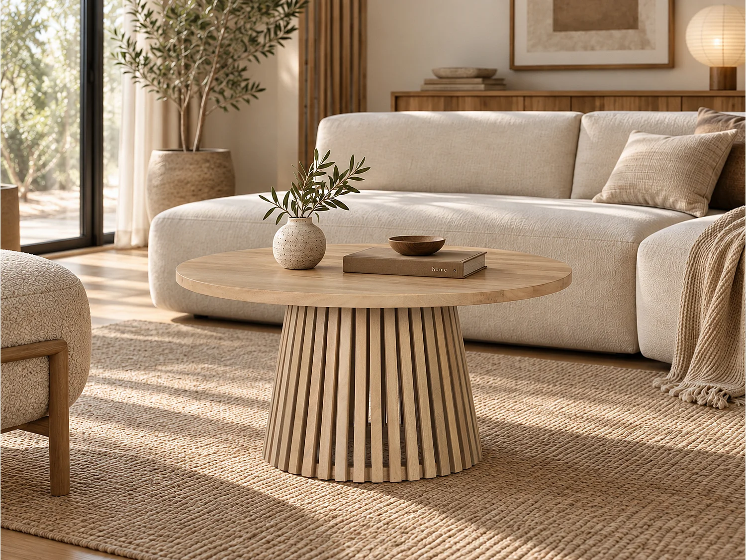 Mesa de centro Yara em madeira de mangueira, 90 cm, estilo nórdico japonês.