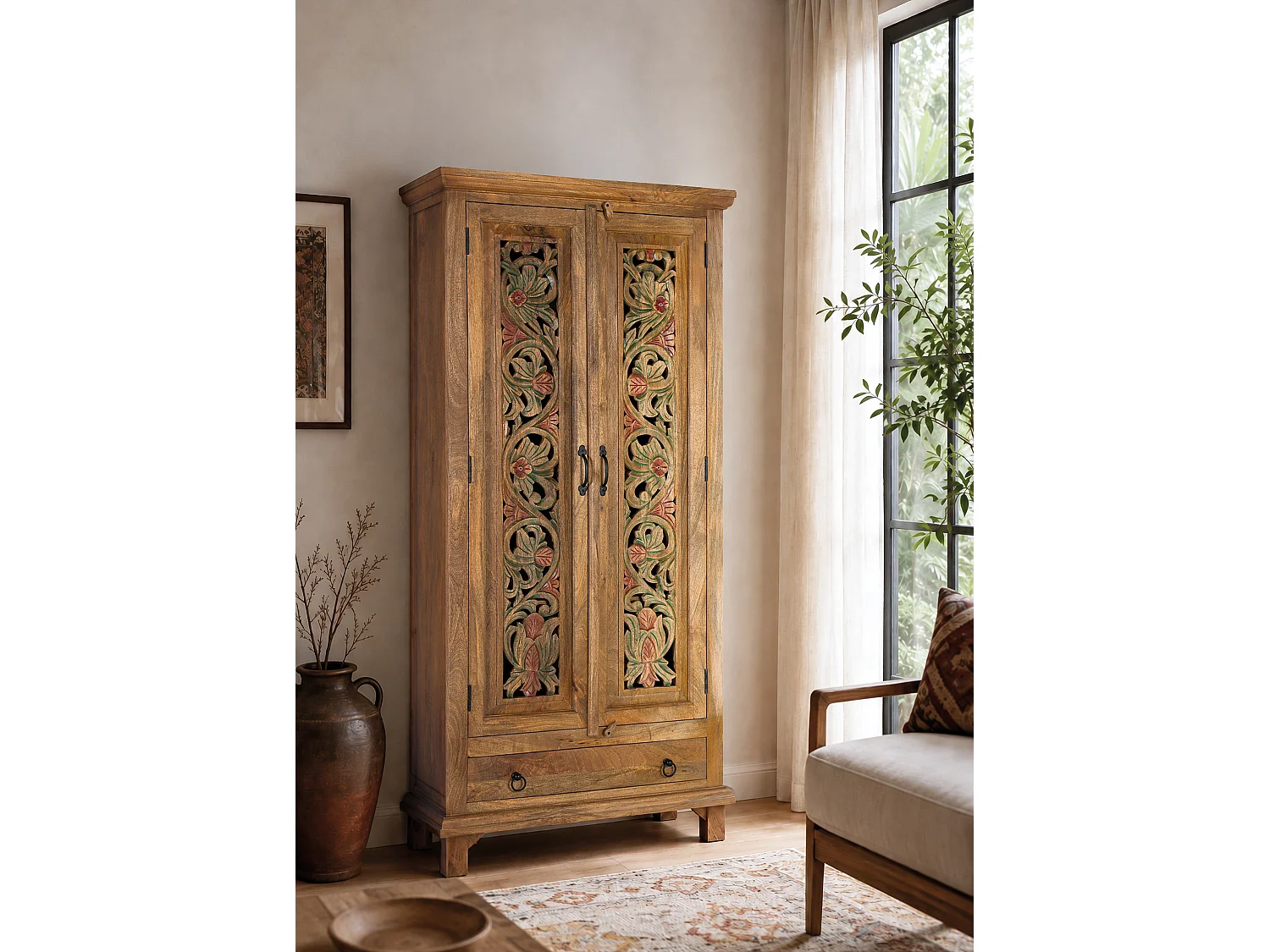Kleiderschrank aus Mangoholz, 85 cm, im ethnischen Kolonialstil