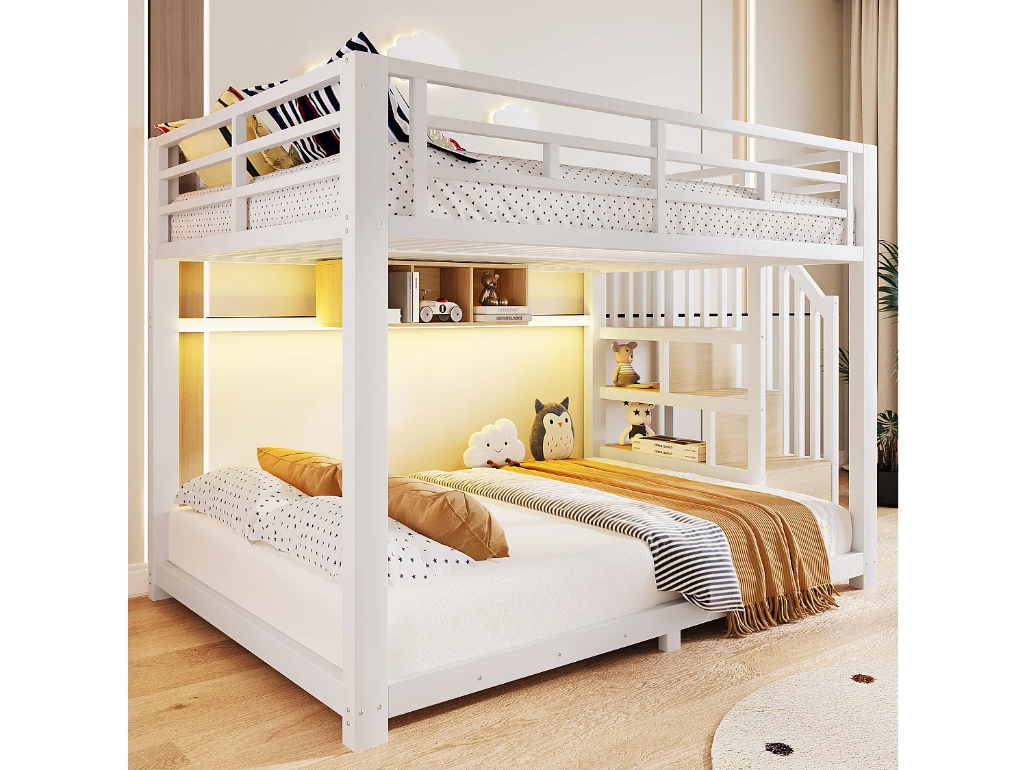 Lit superposé 140x200cm avec rubans LED, 3 compartiments de rangement, escalier avec stockage et garde-corps, sans matelas, métal blanc