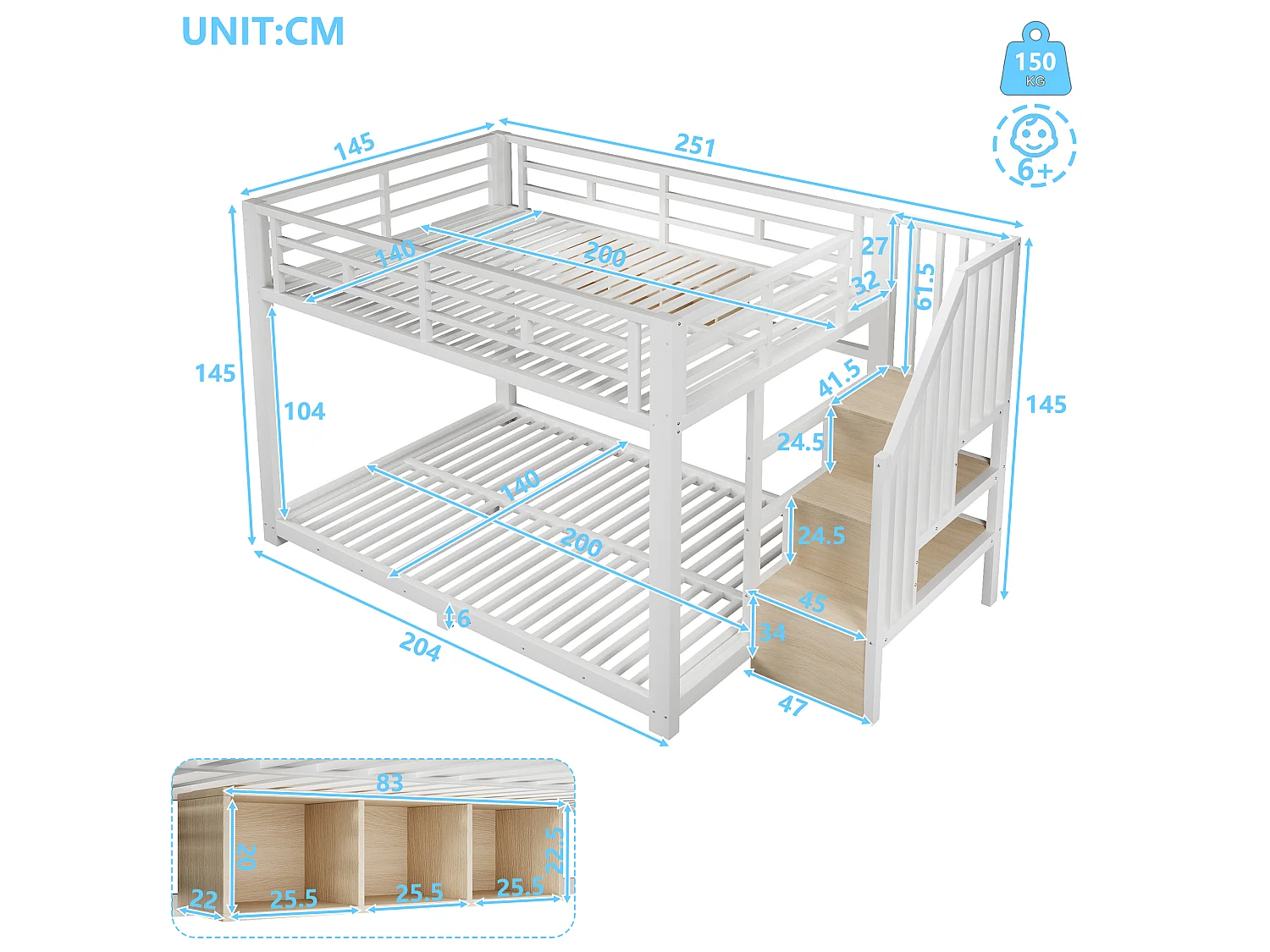 Lit superposé 140x200cm avec rubans LED, 3 compartiments de rangement, escalier avec stockage et garde-corps, sans matelas, métal blanc