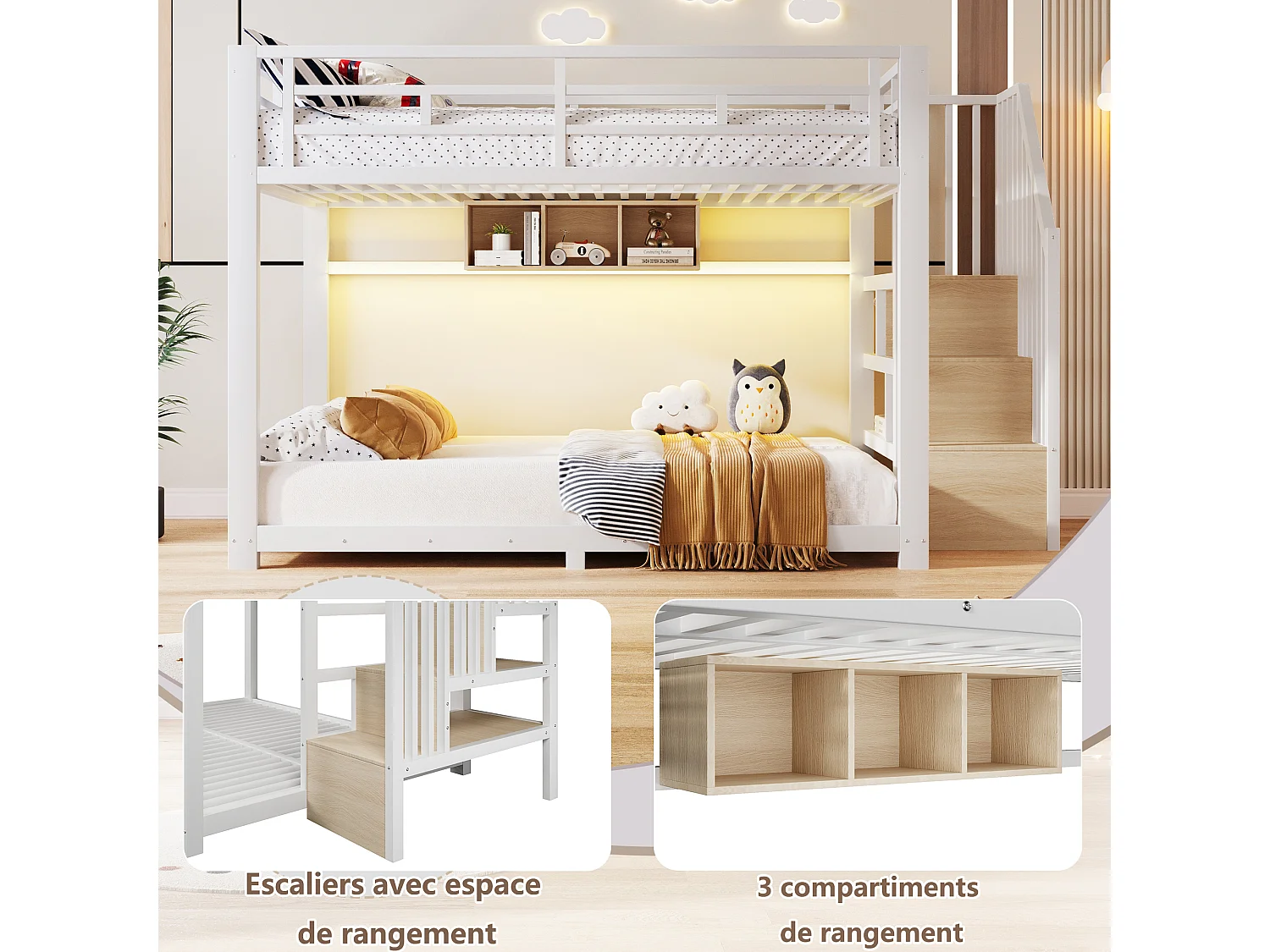 Lit superposé 140x200cm avec rubans LED, 3 compartiments de rangement, escalier avec stockage et garde-corps, sans matelas, métal blanc