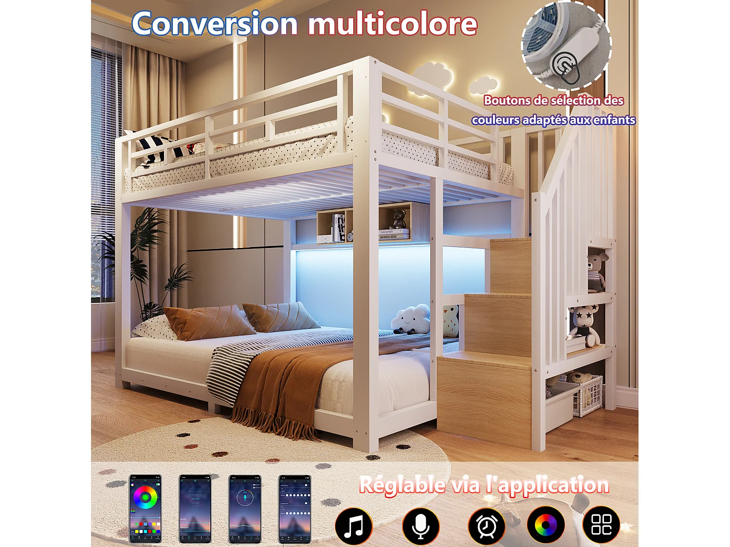 Lit superposé 140x200cm avec rubans LED, 3 compartiments de rangement, escalier avec stockage et garde-corps, sans matelas, métal blanc