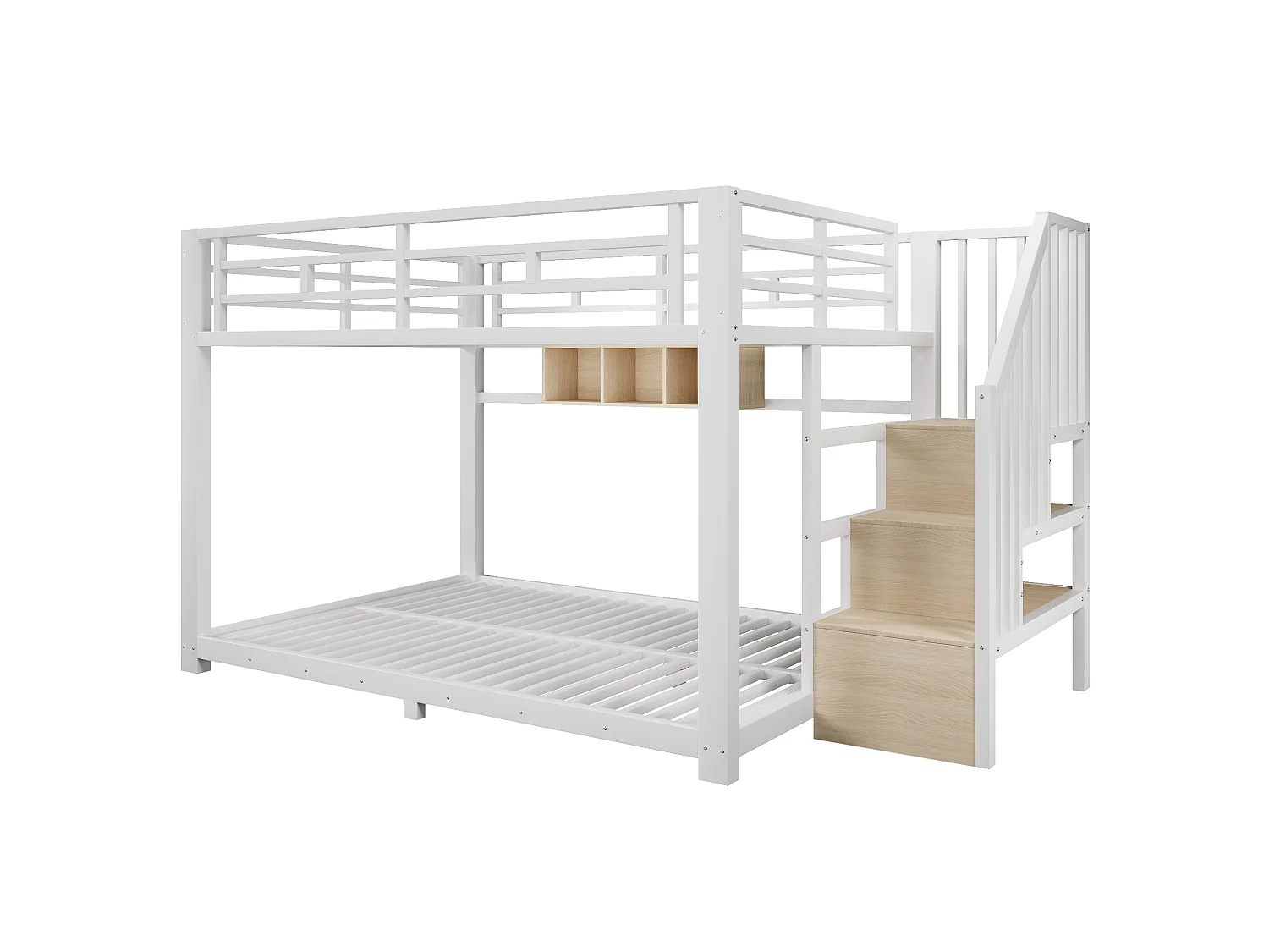 Lit superposé 140x200cm avec rubans LED, 3 compartiments de rangement, escalier avec stockage et garde-corps, sans matelas, métal blanc