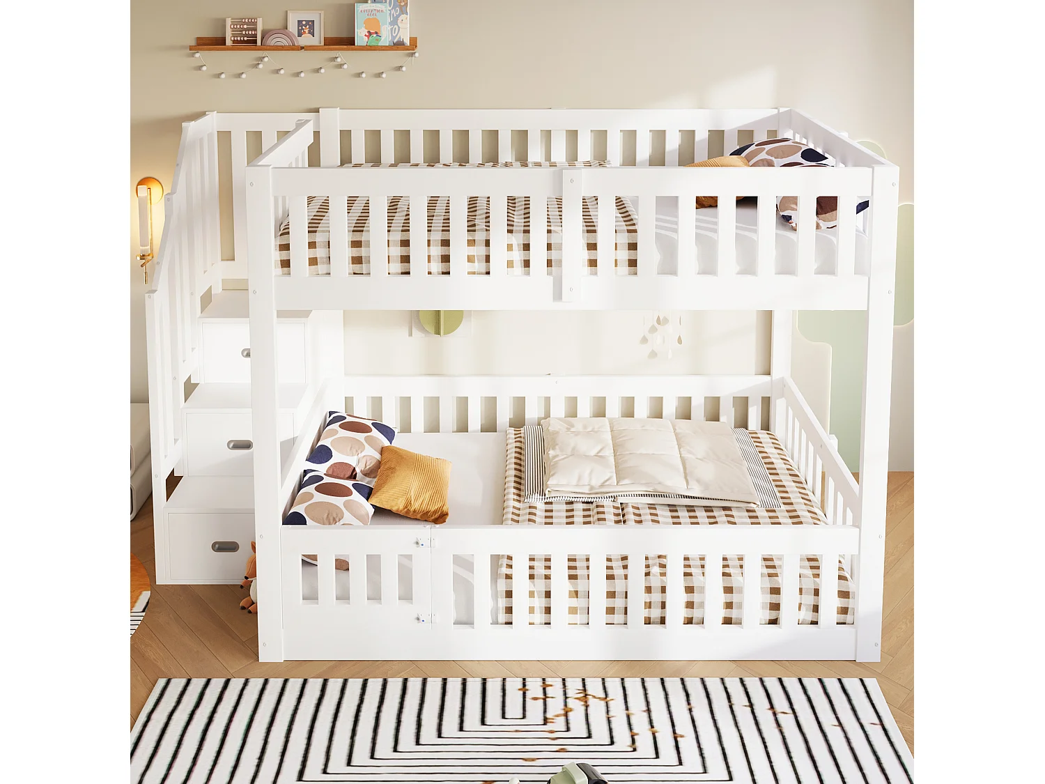 Lit superposé bas enfant 140 x 200 cm, 2 couchages, échelle 3 marches avec rangement, barrières de sécurité intégrales, sommiers à lattes, pin, blanc