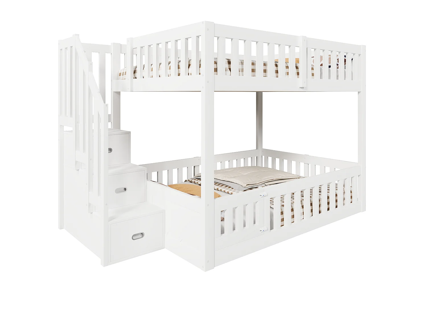 Lit superposé bas enfant 140 x 200 cm, 2 couchages, échelle 3 marches avec rangement, barrières de sécurité intégrales, sommiers à lattes, pin, blanc
