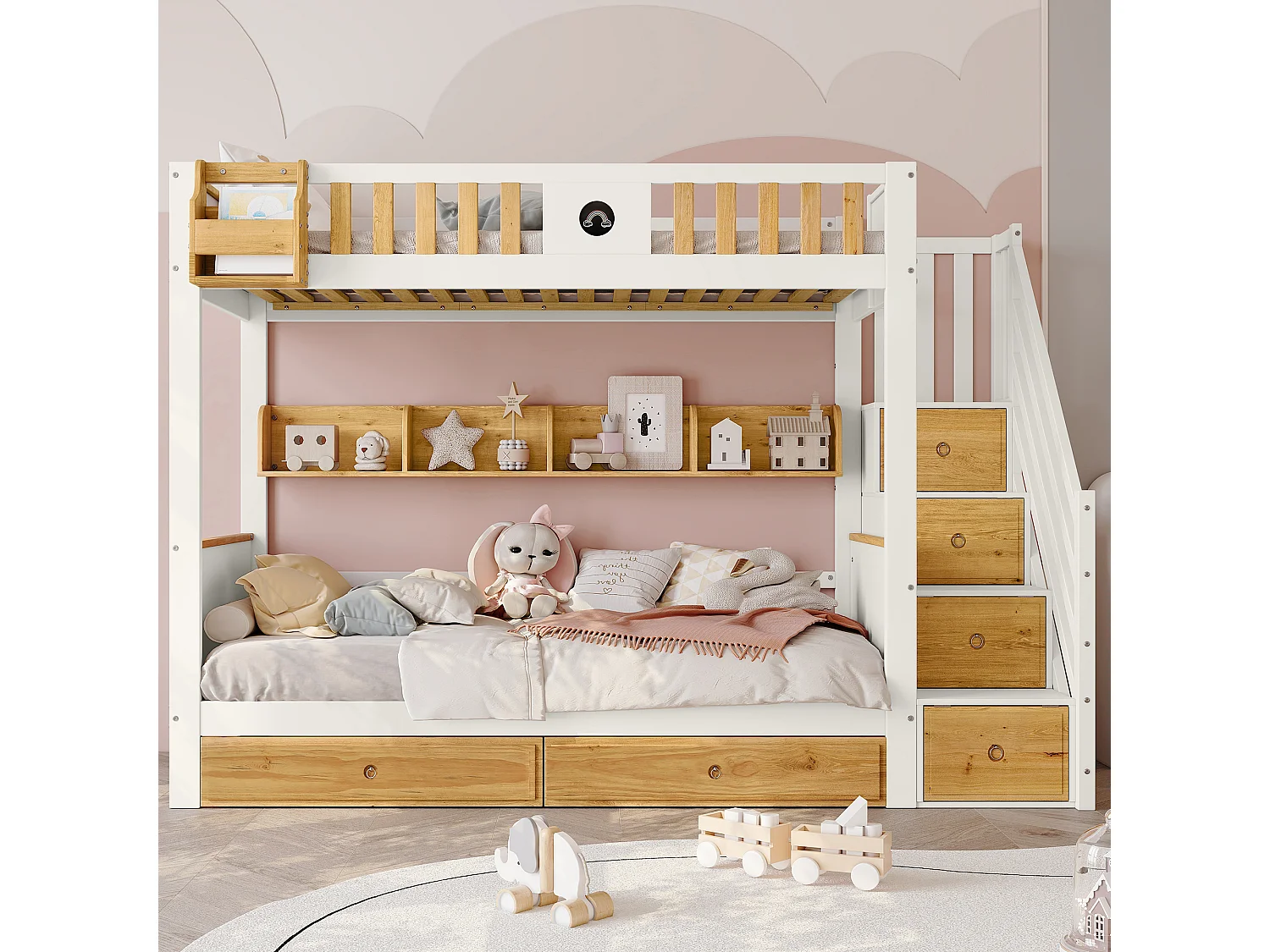 Lit superposé enfant 90 x 200 cm, escalier avec 4 casiers, 2 tiroirs, étagère ouverte et barrières de sécurité, pin, MDF, blanc et naturel