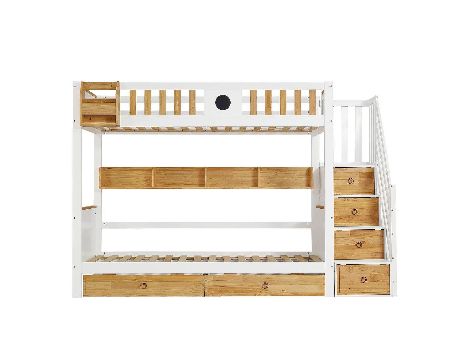 Lit superposé enfant 90 x 200 cm, escalier avec 4 casiers, 2 tiroirs, étagère ouverte et barrières de sécurité, pin, MDF, blanc et naturel