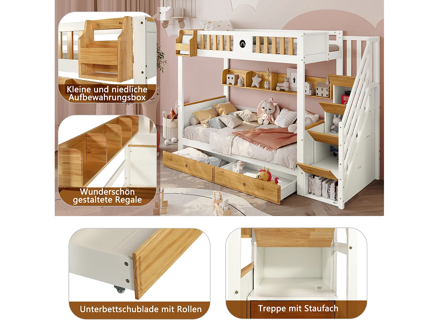 Lit superposé enfant 90 x 200 cm, escalier avec 4 casiers, 2 tiroirs, étagère ouverte et barrières de sécurité, pin, MDF, blanc et naturel