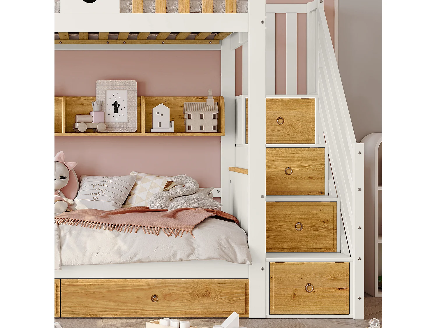 Lit superposé enfant 90 x 200 cm, escalier avec 4 casiers, 2 tiroirs, étagère ouverte et barrières de sécurité, pin, MDF, blanc et naturel