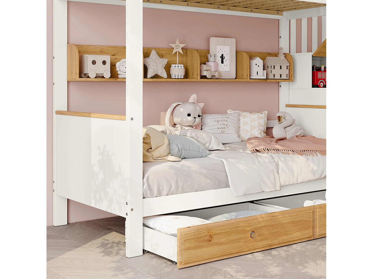 Lit superposé enfant 90 x 200 cm, escalier avec 4 casiers, 2 tiroirs, étagère ouverte et barrières de sécurité, pin, MDF, blanc et naturel