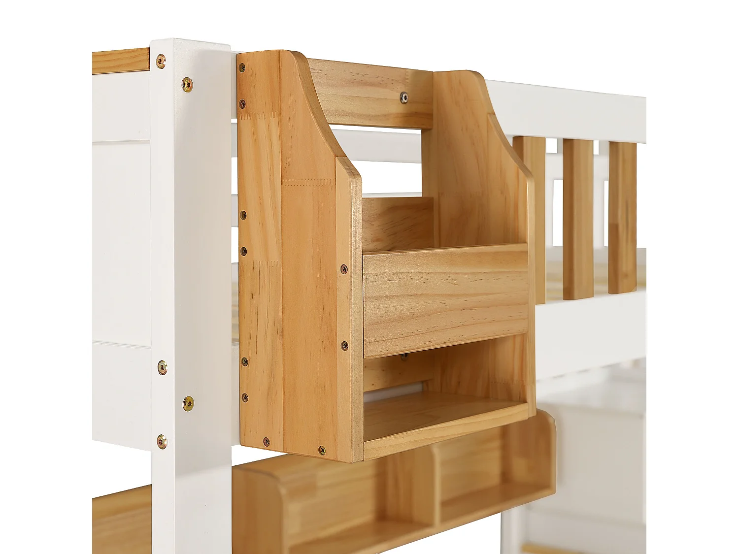 Lit superposé enfant 90 x 200 cm, escalier avec 4 casiers, 2 tiroirs, étagère ouverte et barrières de sécurité, pin, MDF, blanc et naturel
